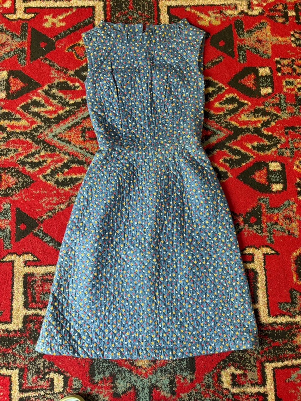 Vintage 50s Blue Floral Quilted Fit-and-Flare Dress with Strawberries and Hearts - Picture 11 of 11